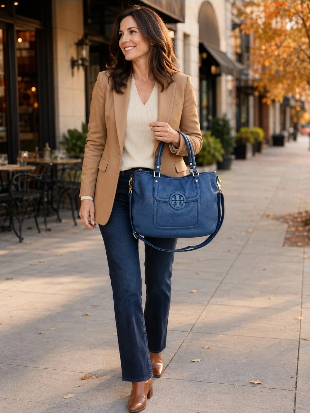 Tory Burch Amanda Classic Handle Blue Leather Hobo Crossbody Bag
